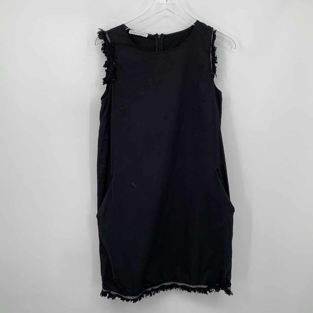 Caractere Abito shift sheath dress black fringe trim stretch cotton sleeveless 6